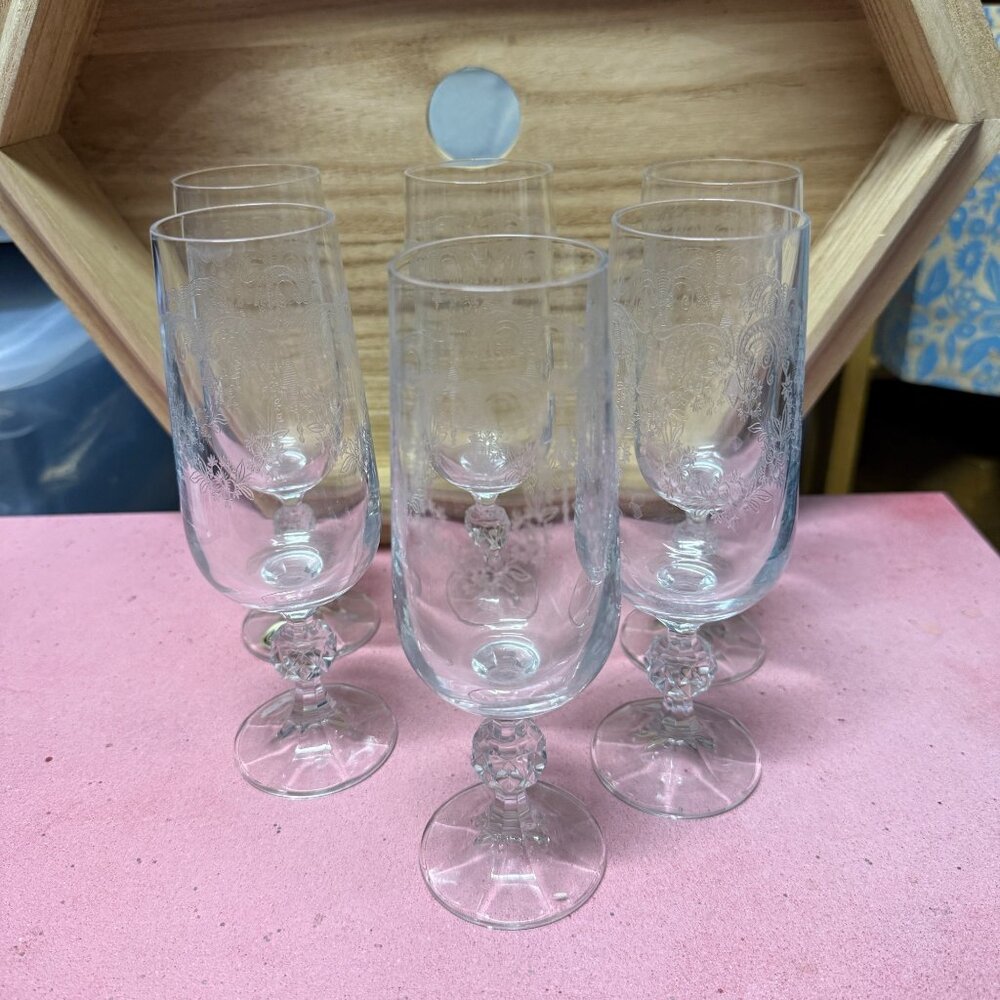 Vintage Bohemia Crystal Cascade  Etched Champagne Flutes Set Of 6 With Floral De